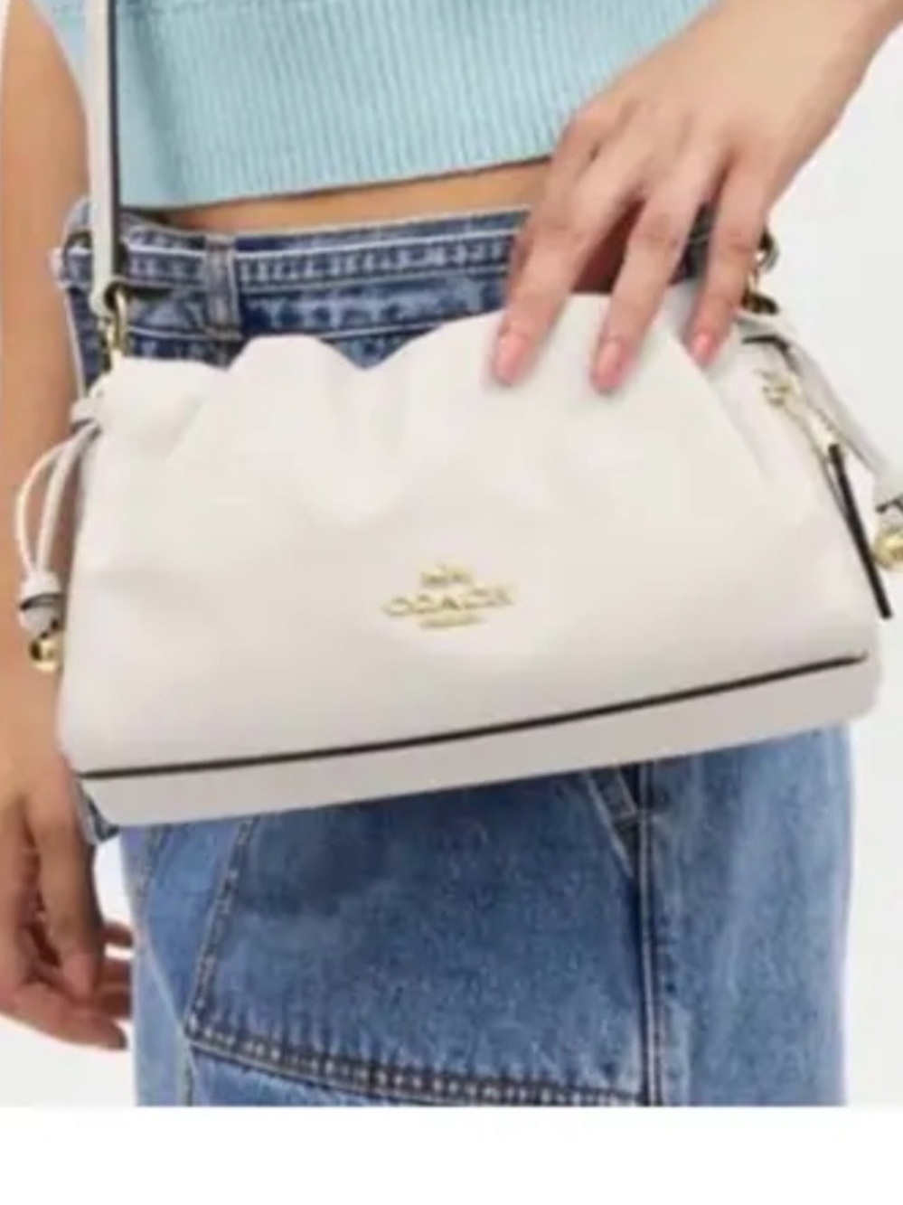 Coach Faye Cream Leather Drawstring Crossbody with Black Trim